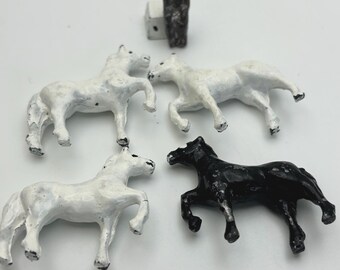 Iron Miniature Painted Horses and Seated Man. Vintage 1950s Era Metal Horse Toy Miniatures 6PC Set Rare