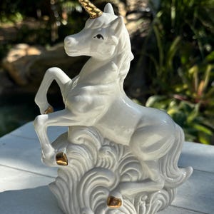 1990s Era Jumping White and Gold Unicorn Ceramic Figurine