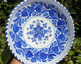 Vintage Spanish Lebrillo Hand Painted Ceramic Blue and White Floral Large Bowl from Granada Spain