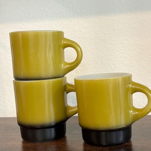 Vintage Avocado Green Milk Glass Mugs, Made by Fire King, Set of Three