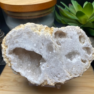 3.9inch Heart Shaped Calcite Geode with Stand. Naturally Shaped Calcite Geode with Plastic Stand