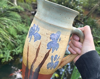William Creitz Signed Large Handled Stoneware Studio Pottery Pitcher with Iris Design