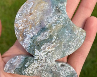 Ocean Jasper Crystal Moon Slab Carving: Natural Colored Stone, 2.75 in