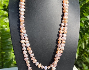 Vintage Baroque 5mm Peach Fresh Water Pearls Long Strand Necklace