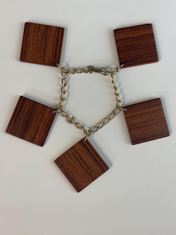Vintage Teak Wood Square Pannel Charm Bracelet