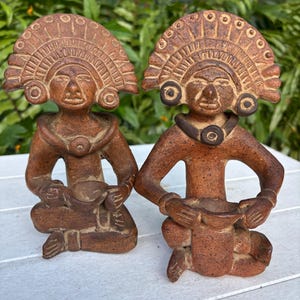 Vintage Mayan Maize Gods Sitting Terra Cotta Figures, Set of Two