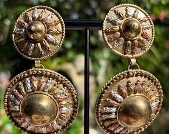 Vintage Brass Shield Style Large Drop Statement Clip-On Earrings