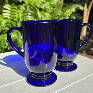 Vintage Cobalt Blue Footed Mug Set Made by Libbey Glassware, Set of Two