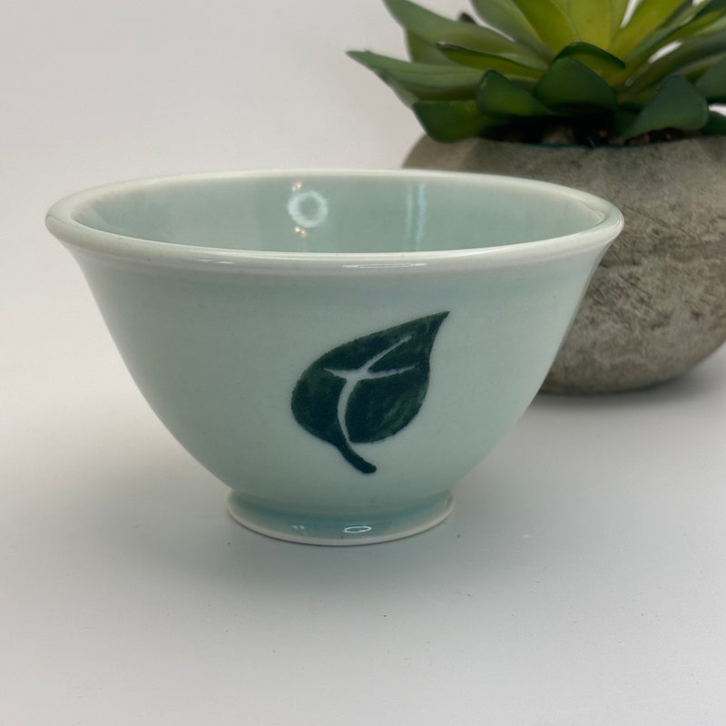 Celadon Rice Bowl With Engraved Lotus Leaf | 4.5 Inch Porcelain Bowl | Lead-Free, Microwave & Dishwasher Safe - View #10
