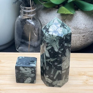 Lakelandite Tower and Cube 2PC Set. Natural Color Lakelandite Small Crystal Tower and Cube Carving Set