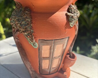 Vintage Fairy House Style Studio Pottery Terracotta Detailed Vase Signed Ismael Orengo