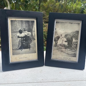 Antique Victorian Era Real Postcards with Lovers Embracing, Set of Two, in Simple Black Frames