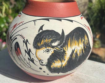 Vintage Jemez Pueblo Pottery Hand Painted Buffalo and Eagle Man Vase Signed by J. Shendo. Native American Ceramics from New Mexico