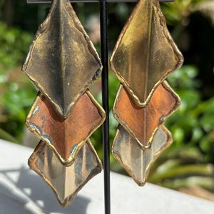 Vintage Brutalist Copper and Brass Diamond Shaped Large Statement Earrings by Evoke Jewelry