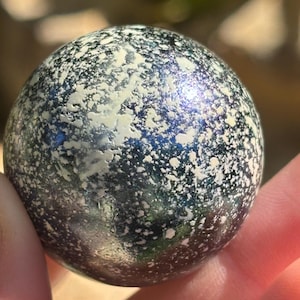 Vintage German Handmade Marble 33mm White Speckled with Silver Blue Iridescent Base and Pontil Marking