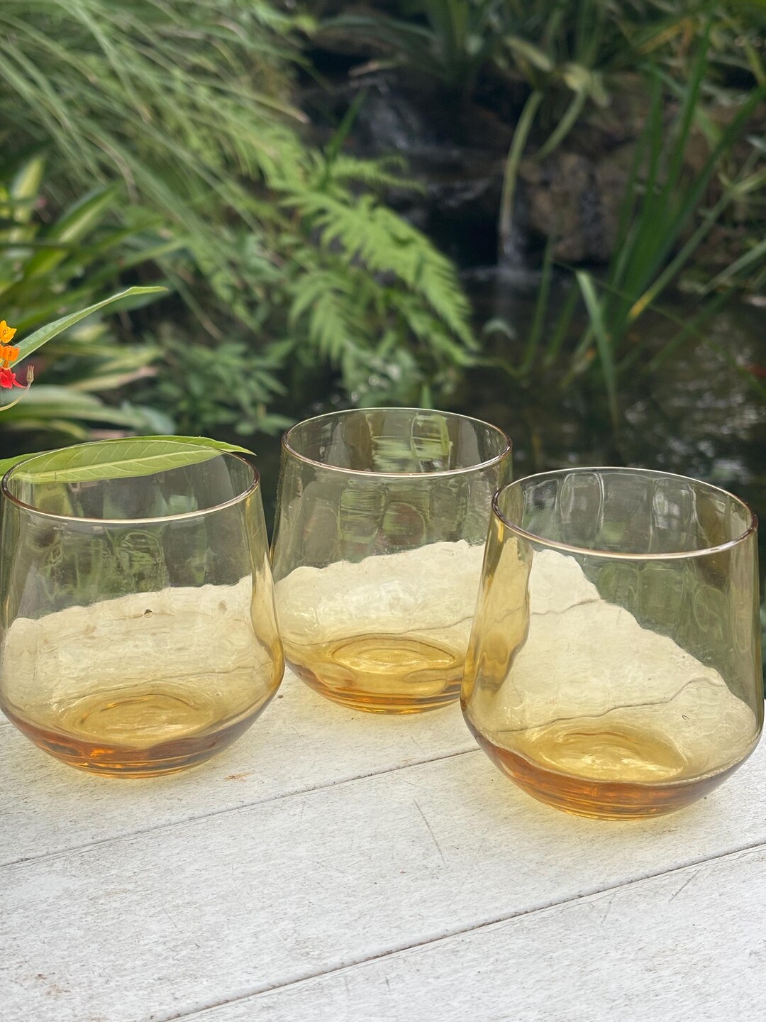 Mid Century Amber Dimpled Stemless Wine or Rocks Glasses Vintage Amber ...
