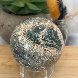 Green Ocean Jasper Crystal Sphere: Natural Brown Swirls (63mm)