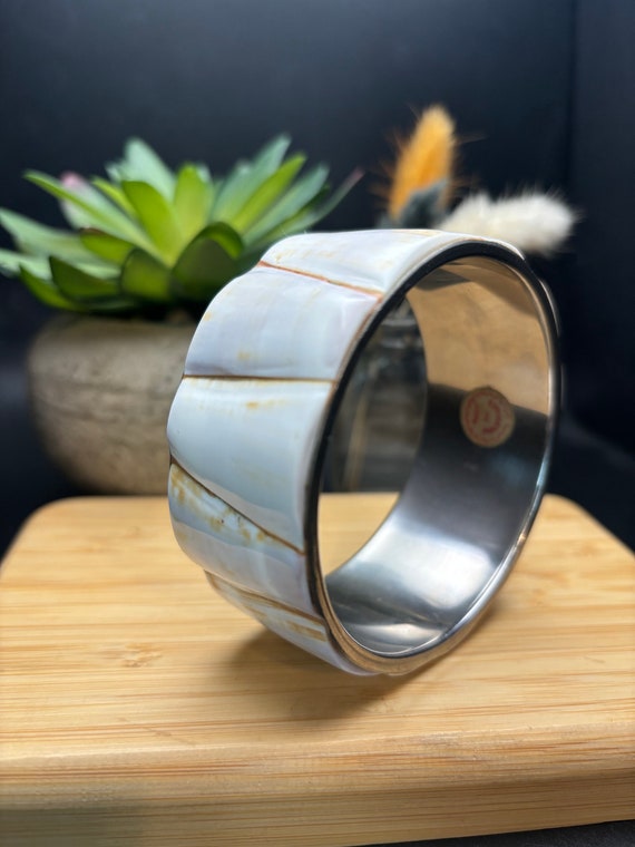 Shell and Steel Bangle Bracelet. Vintage Shell and
