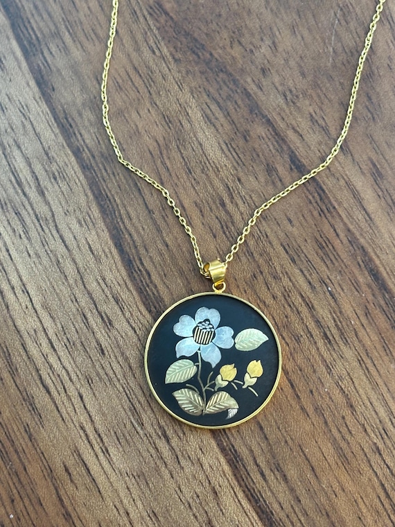 Vintage Amita Damascene Floral Pendant Necklace View 6
