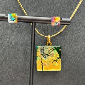 Vintage Murano Italian Handmade Square Glass Pendant on Flat Gold Toned 15inch Chain with Matching Glass Square Post Earrings.
