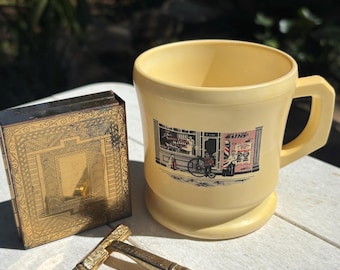 Travel Mini Vintage Gold Razor Dual Blade Shaving Kit with Etched Faux Gold Box 2 Blades and Plastic Barber Mug Set