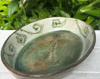 Vintage Studio Pottery Green Swirl Hand Painted Oval Shaped Low Profile Dresser or Serving Dish Signed by Artist
