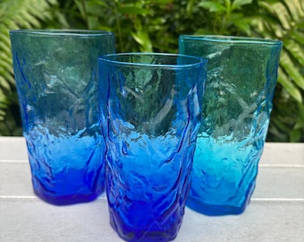 Vintage Seneca Driftwood Blue Highball Glass Set. Set of Three Different Glasses by Morgantown Glassware