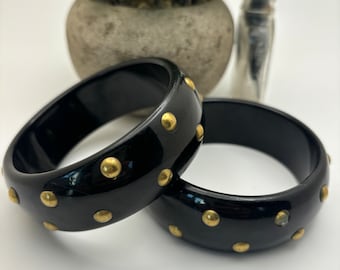Vintage 1950s Black Bakelite Bangle Pair with Brass Studs