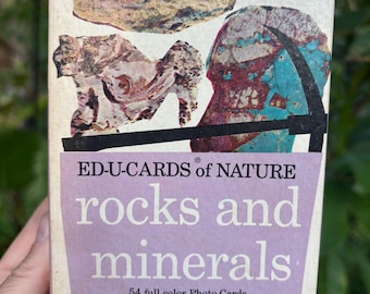 May include: Vintage ED-U-CARDS of NATURE rocks and minerals educational card set. The box features images of rocks and minerals, with text that reads "rocks and minerals" and "54 full color Photo-Cards". The box is off-white with a purple banner.