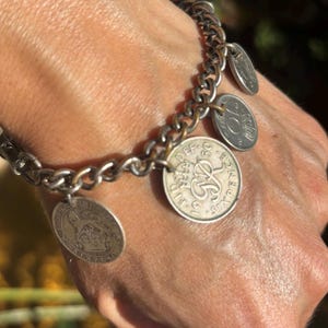 Antique French and British Coin Charm Silver Toned Bracelet