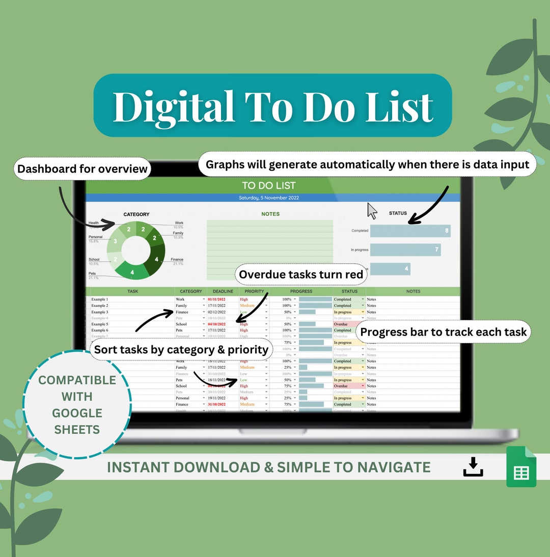 Google Sheets Digital to Do List | Checklist, Spreadsheet, Planner ...