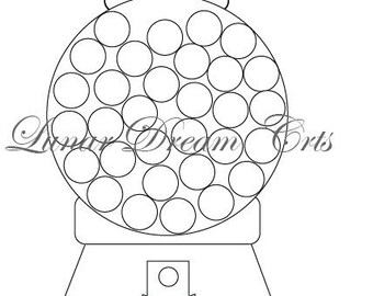 May include: A black and white line drawing of a gumball machine with a large round gumball container and a smaller rectangular base. The gumball container is filled with circles representing gumballs. The base has a small rectangular window with a bow tie design and a round opening at the bottom.