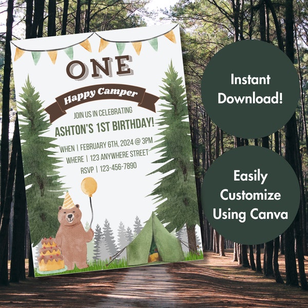 One Happy Camper 1st Birthday Invitation - Digital Download