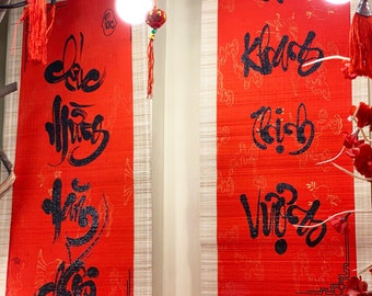 Vietnamese Lunar New Year Couplets: Red Calligraphy Wall Decor (12x38 in)