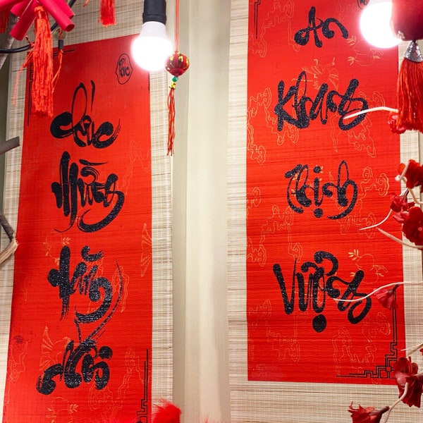 Vietnamese Lunar New Year Decoration Couplets-  1 Pair Red Hanging Couplets for Tet Decorations- Cap Lien Cau Doi Manh Tre Thu Phap