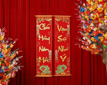 Vietnamese Lunar New Year Decoration Couplets- Red Hanging Couplets for Tet Decorations- Lien Treo Trang Tri Tet- Tet Decor