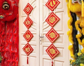 Vietnamese Lunar New Year Decoration Couplets- Red Hanging Couplets for Tet Decorations- Lien Nhung Treo Trang Tri Tet