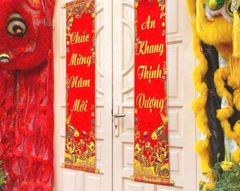 Vietnamese Lunar New Year Couplets: Red Velvet Tet Decorations (Set of 2)