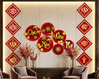 Vietnamese Lunar New Year Couplets: Red Velvet Tet Decorations and 6 Red Fans Combo/ Lien Trang Tri Tet