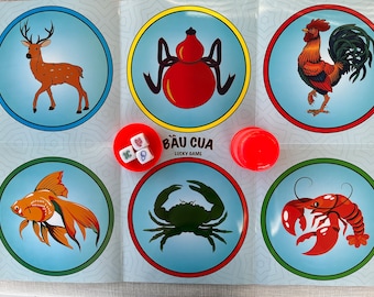 Gourd-Crab-Shrimp-Fish Game With A Dice Shaker-  Vietnamese Bau Cua Ca Cop- Lucky Game- Klah Klok