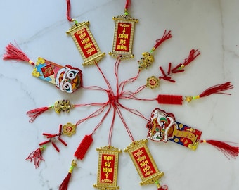 Lunar New Year Red Knot Pendants: Vietnamese Hanging Ornaments (12 Pieces)