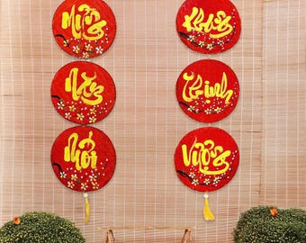 Vietnamese Lunar New Year Decoration Couplets- Red Hanging Couplets for Tet Decorations- Lien Met Tre Treo Trang Tri Tet