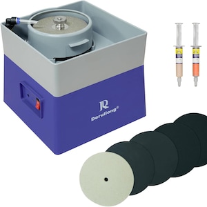 May include: A blue and gray lapidary machine with a grinding wheel, water reservoir, and power switch. Includes three syringes of polishing compound and several black and white polishing pads. The machine has the text "Deruilon" on the side.