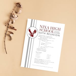 May include: A white and red flyer with a maroon eagle logo for the Nixa High School Class of 1973 50th Reunion. The flyer lists the schedule of events for the reunion, including a social hour, silent auction, tour of the school, dinner, and music and mingling.