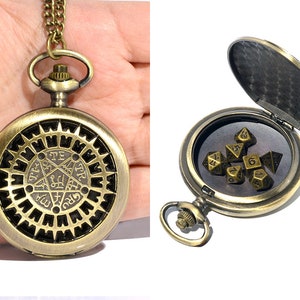 For DnD Dice Silver Steampunk Style Pocket Watch Shell with 7-die Metal Micro Polyhedral Dice Set With 45CM Chain