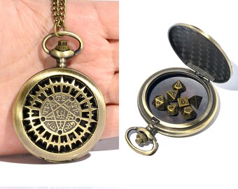 For DnD Dice Silver Steampunk Style Pocket Watch Shell with 7-die Metal Micro Polyhedral Dice Set With 45CM Chain