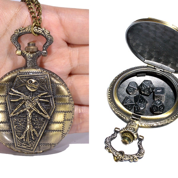 Totenkopf Taschenuhr mit 7 Metall Würfeln mit Kette