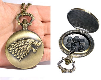 Dnd Dice Mins Set Brass Metal dice set with Wolf Pocket Watch Shell With Attached Chain