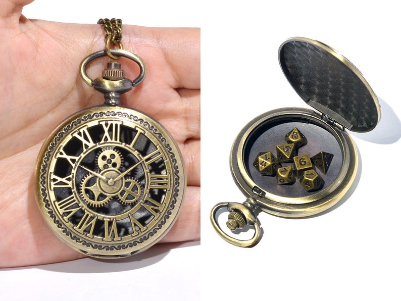 Roman Style Pocket watch Shell with metal dice for dnd patry with 45cm chain 5mm dice image 1