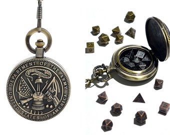 Department of army Pocket Watch Shell with 7-die Metal Micro Polyhedral Dice Set - DnD Dice D&D Dice Set 5mm